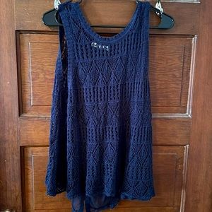 XL navy blue crochet Rewind top, shear blousy back with buttons